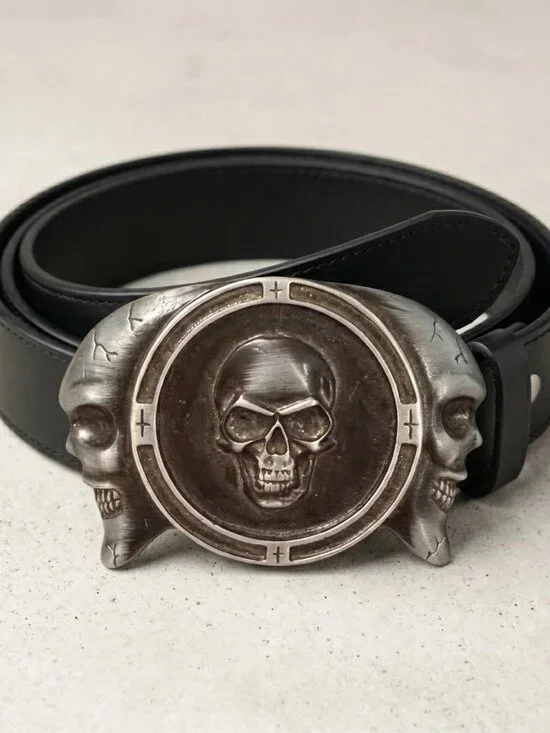 Triple Skull Genuine Leather Biker Belt Antique Silver Gothic Skull Buckle - Picture 2 of 3